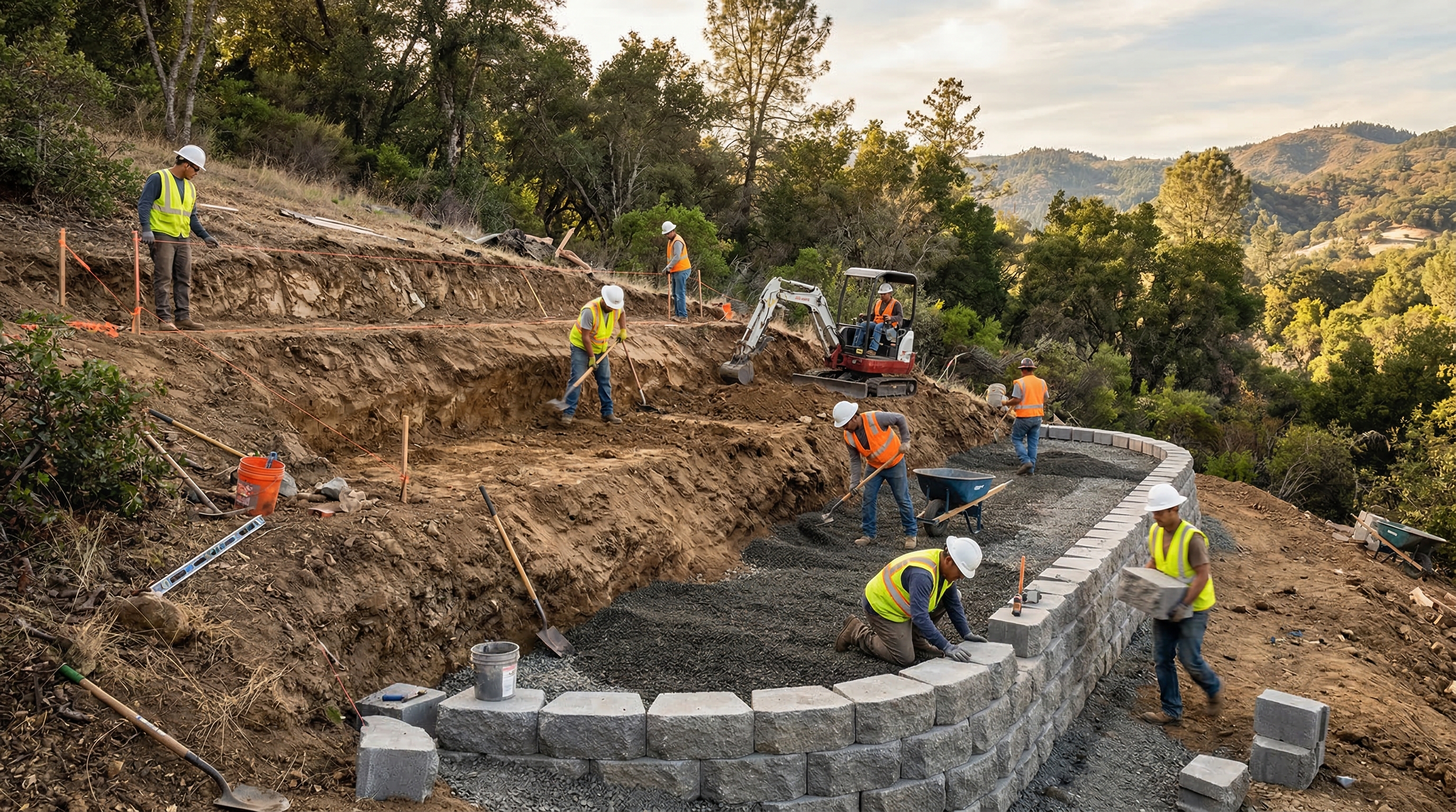 Процесс террасирования участка — разметка, земляные работы, установка подпорных стенок