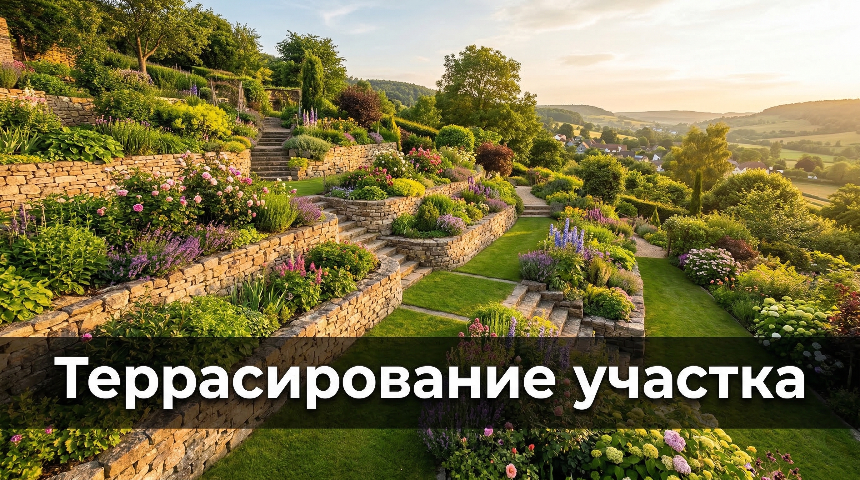 Террасирование участка — многоуровневый сад на склоне с каменными подпорными стенками
