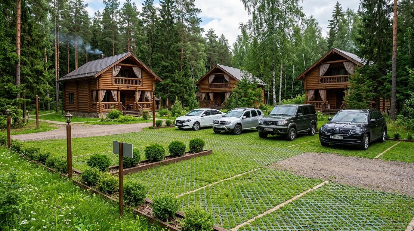 Организованная парковка на базе отдыха с газонной решёткой