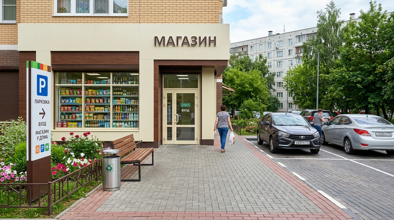 Территория уличного магазина: витрина, парковка у входа, аккуратный подход, навигация