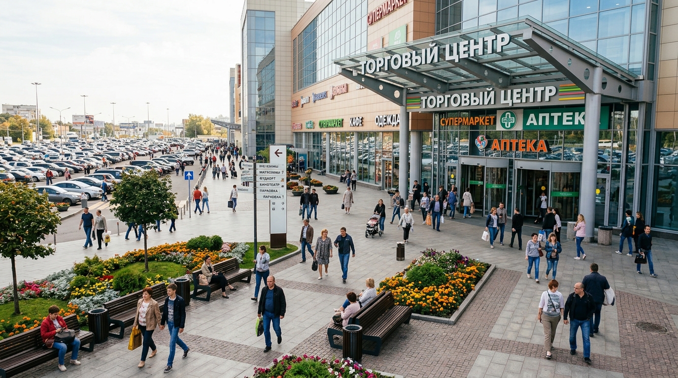 Входная территория торгового центра: пешеходная площадь, входная группа, навигация, парковка