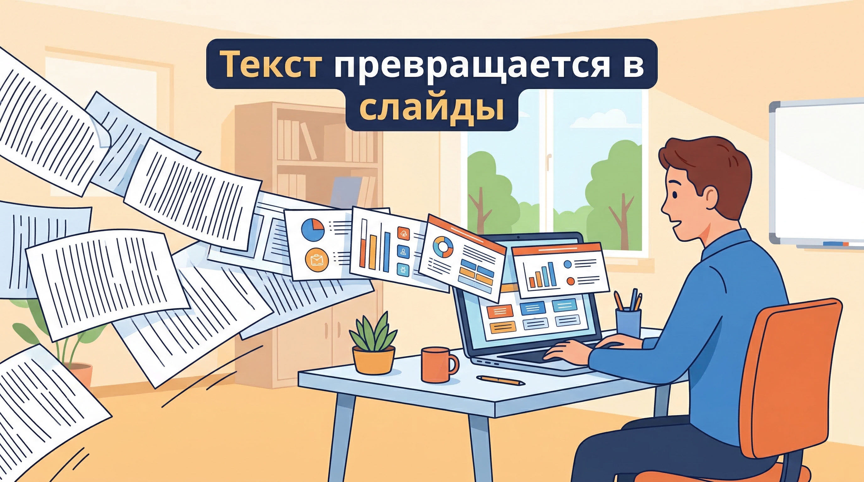 Иллюстрация: текст превращается в слайды презентации