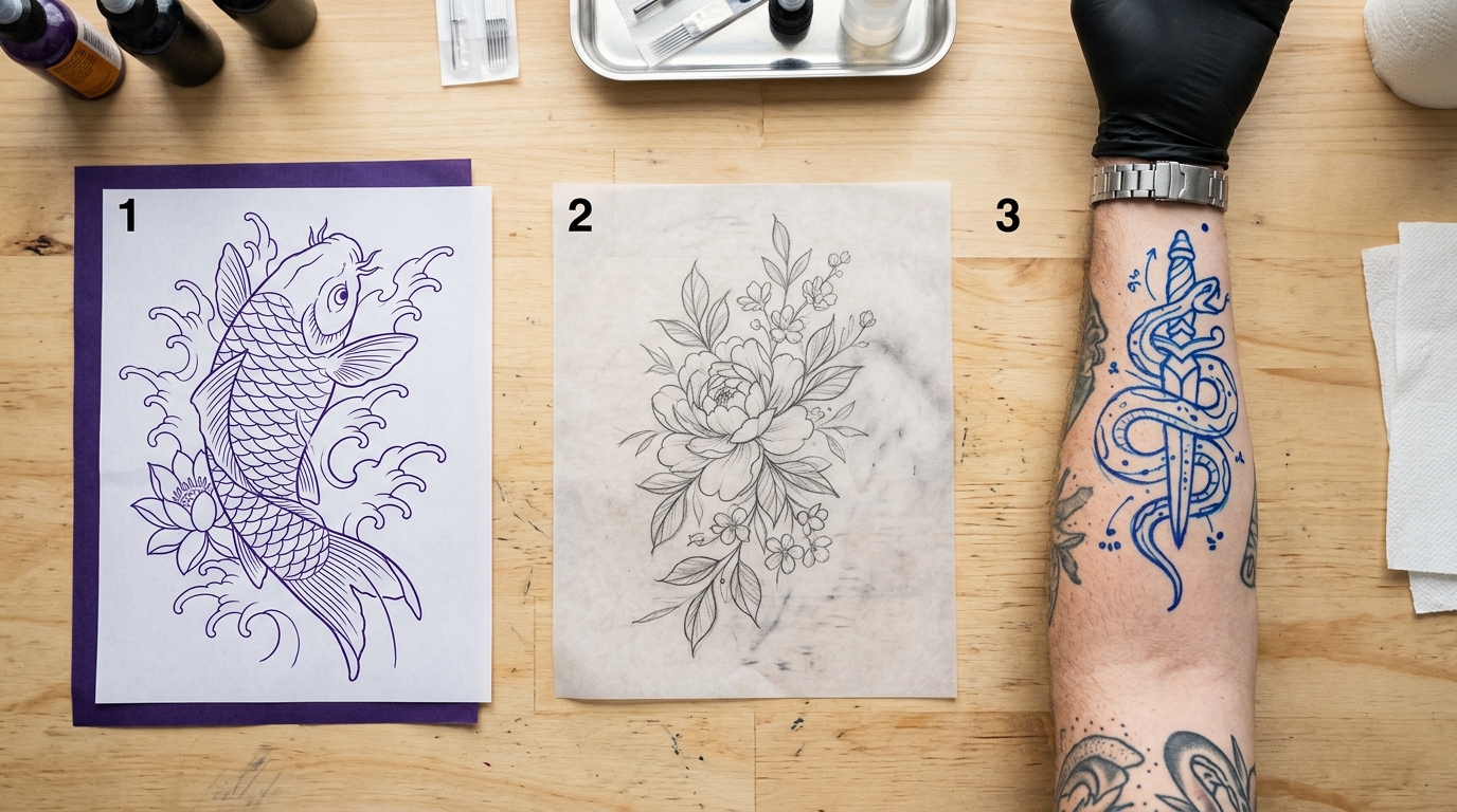 Три типа трафаретов для тату — термобумага, ручная калька и фрихенд маркером