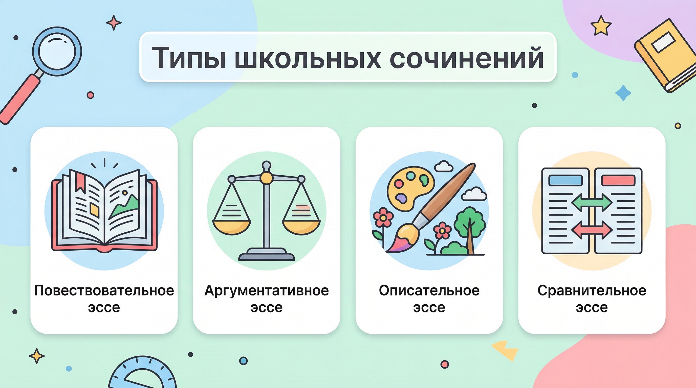 Типы школьных сочинений — повествовательное, аргументативное, описательное, сравнительное