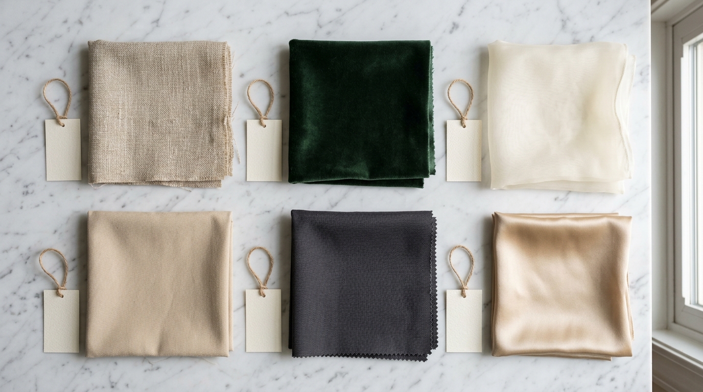 Образцы тканей для штор: лён, бархат, органза, хлопок, блэкаут, шёлк