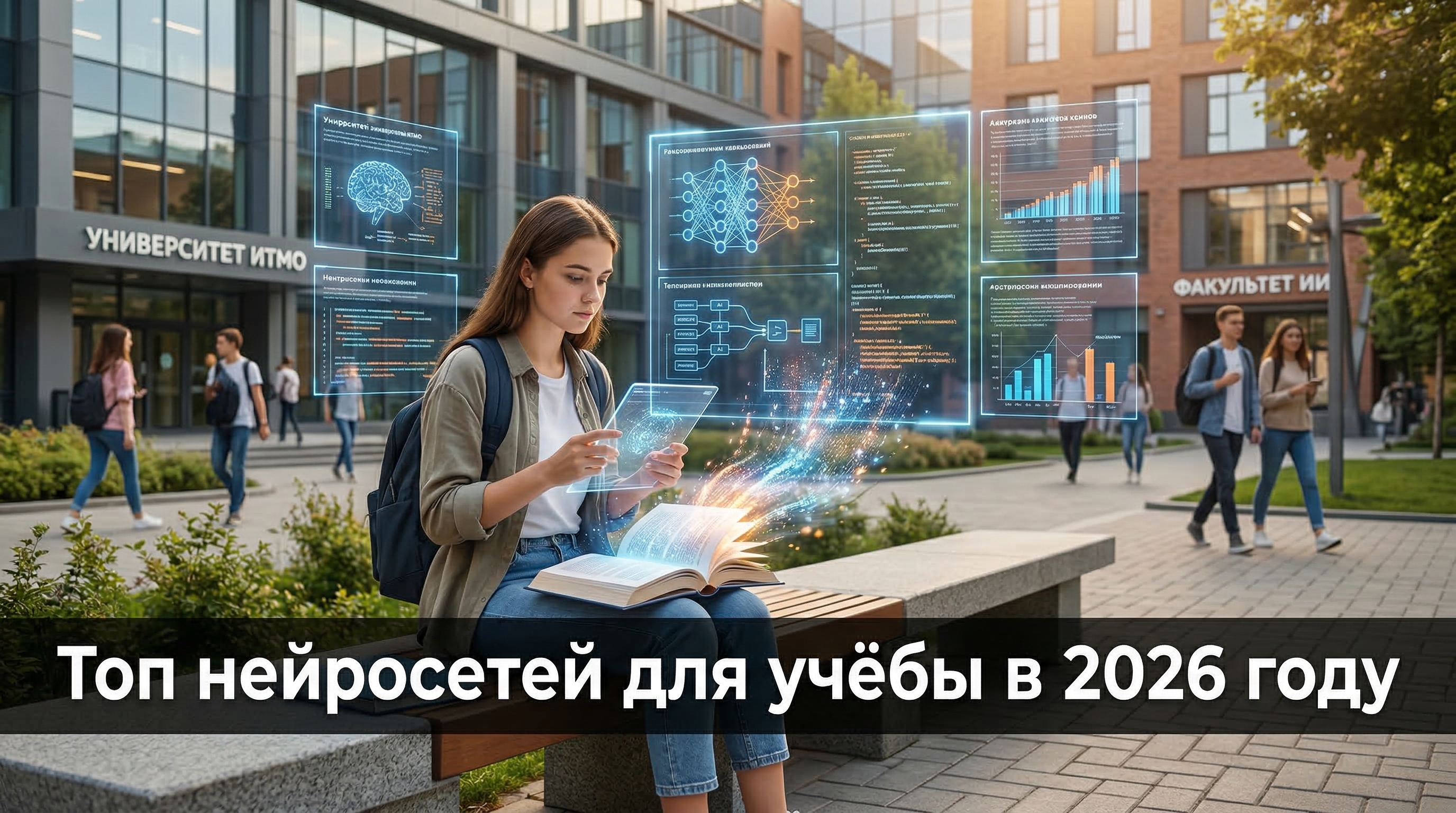 Топ нейросетей для учёбы в 2026 году — студентка с ноутбуком и голографическими интерфейсами ИИ на фоне университетского кампуса