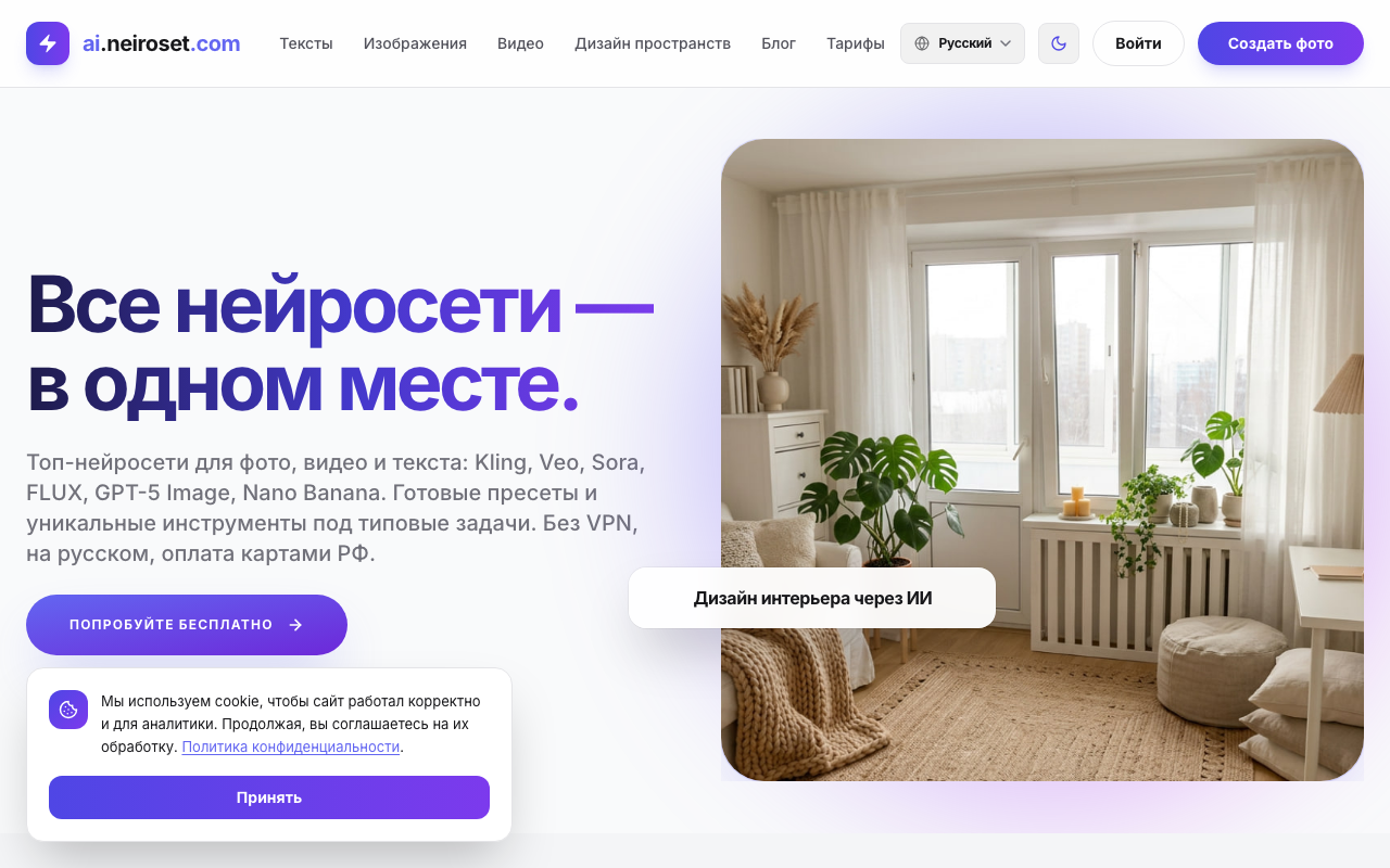 Скриншот AI Neiroset — российский сервис нейросетей с дизайном интерьера