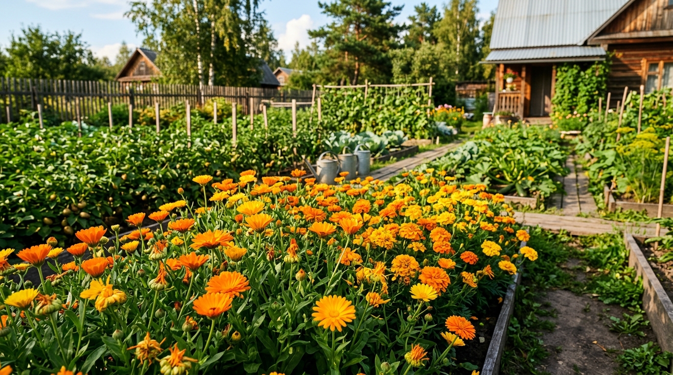 Календула и бархатцы цветут на дачной грядке в конце лета