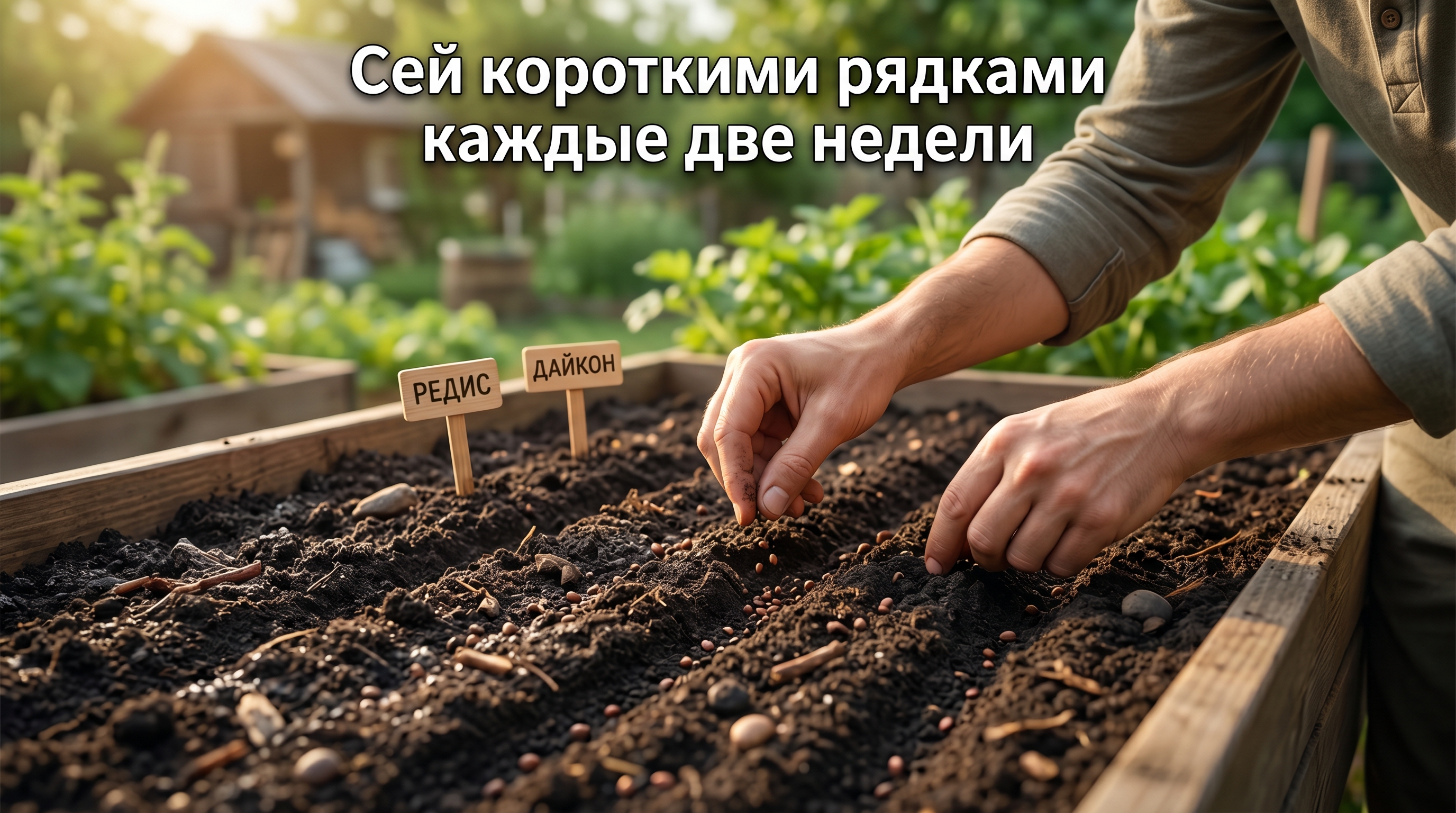 Посев редиса и дайкона короткими рядками в июле