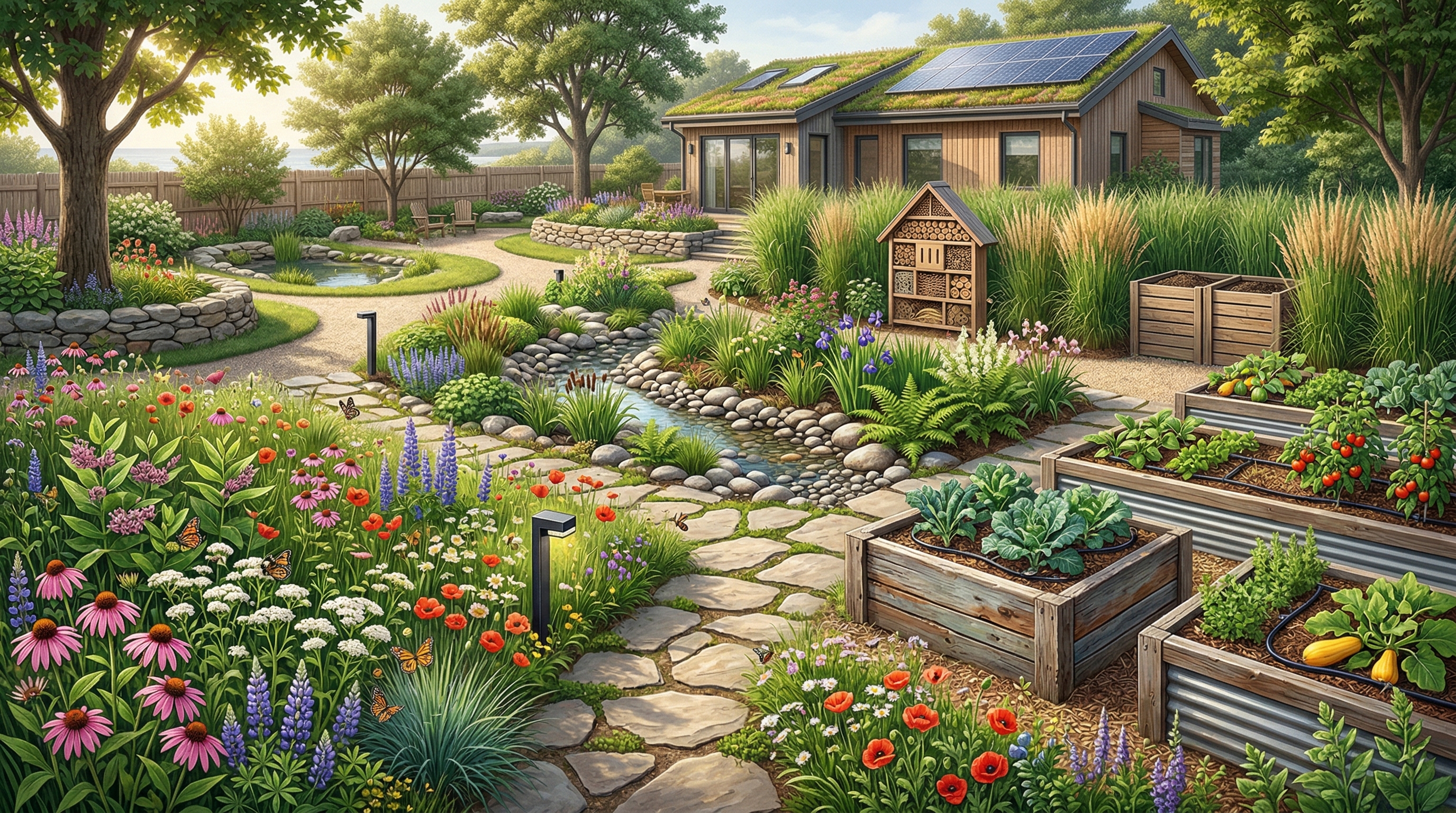 Экологичный сад 2026: мавританский луг, дождевой сад и переработанные материалы