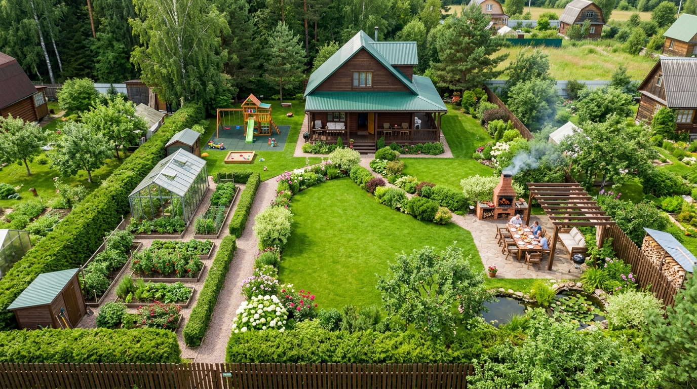 Схема 5: участок 12 соток для большой семьи с несколькими зонами, вид сверху