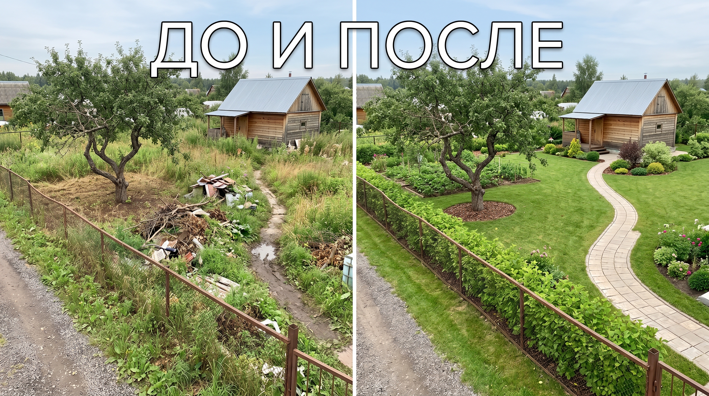 Сравнение до и после на одном фото участка — тот же забор, баня и яблоня