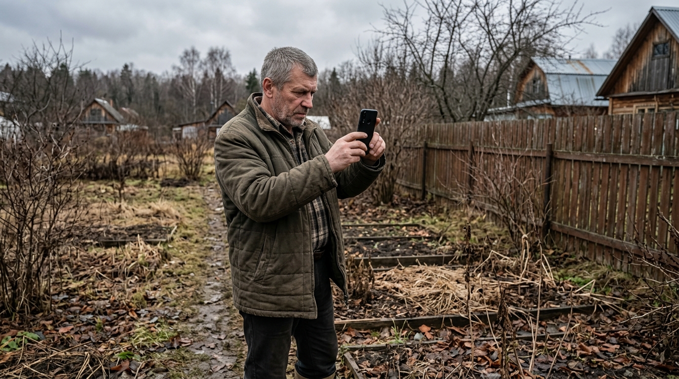 Хозяин фотографирует голый осенний участок на телефон для примерки зимнего вида