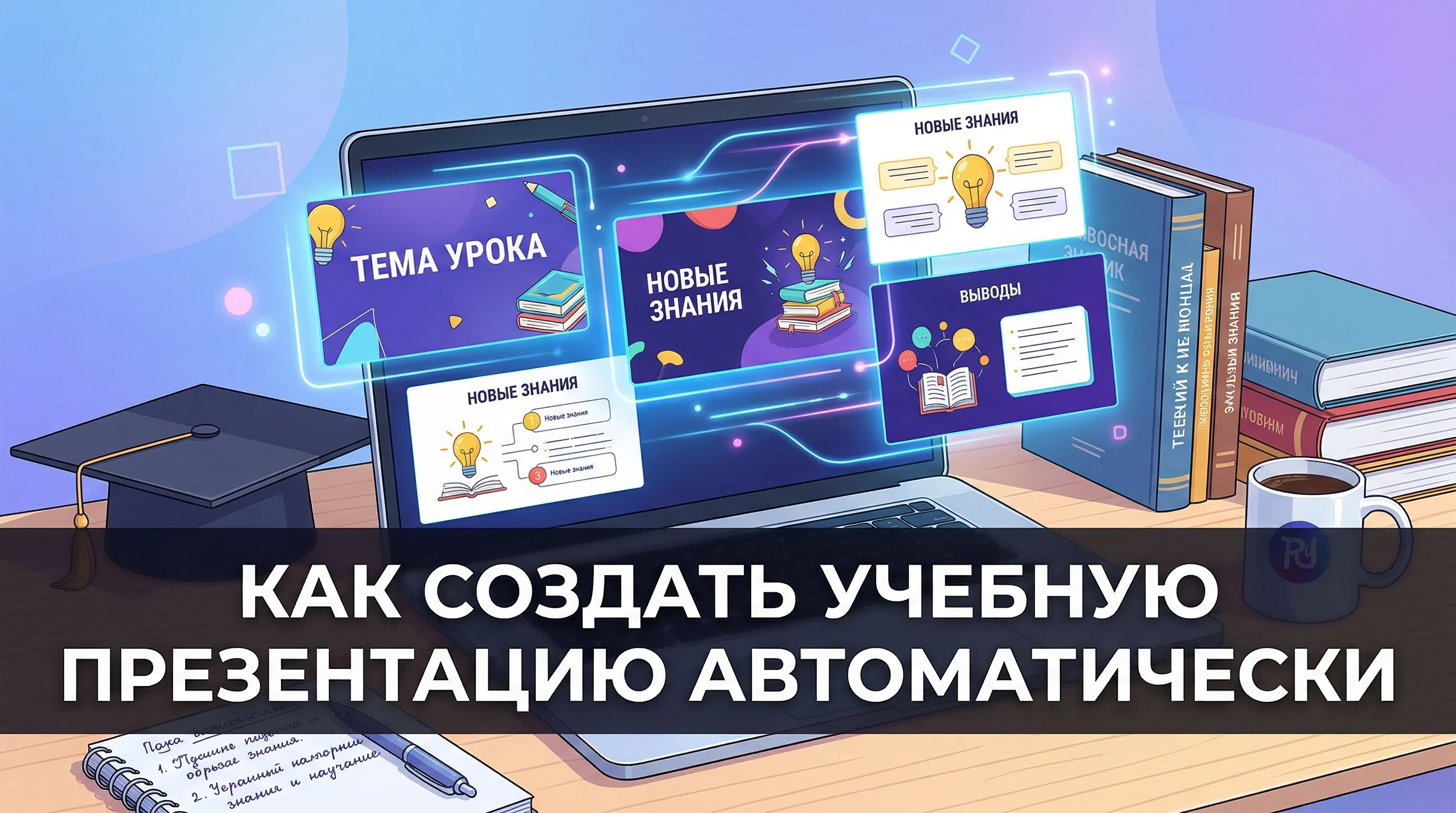 Как создать учебную презентацию автоматически — ноутбук с готовыми слайдами и учебниками на столе