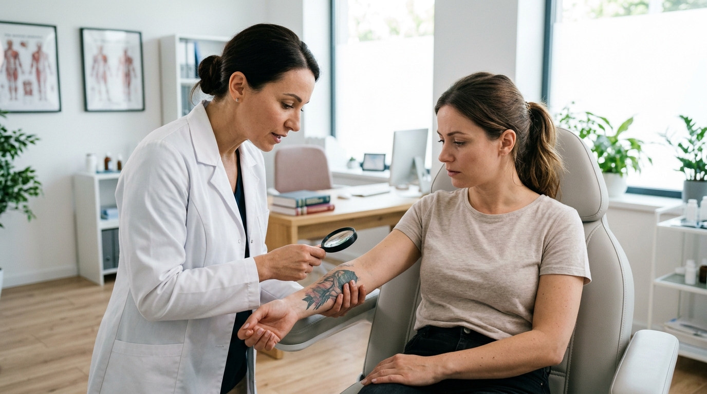 Консультация с косметологом перед удалением татуировки в клинике