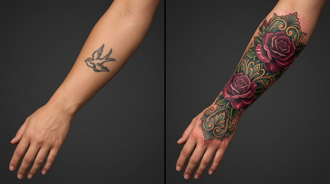 Перекрытие старой маленькой татуировки новым крупным эскизом с розами