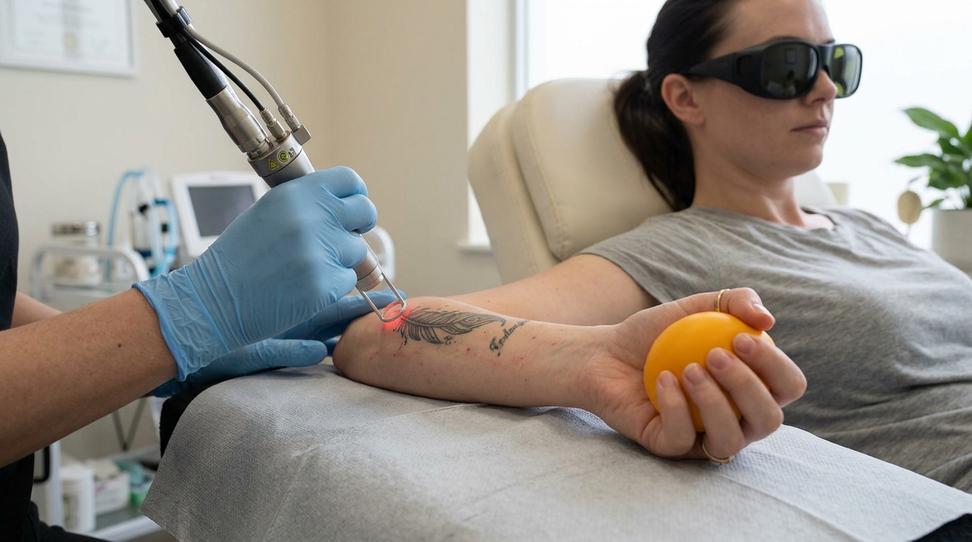 Пациент на сеансе удаления тату в защитных очках держит руку на подставке