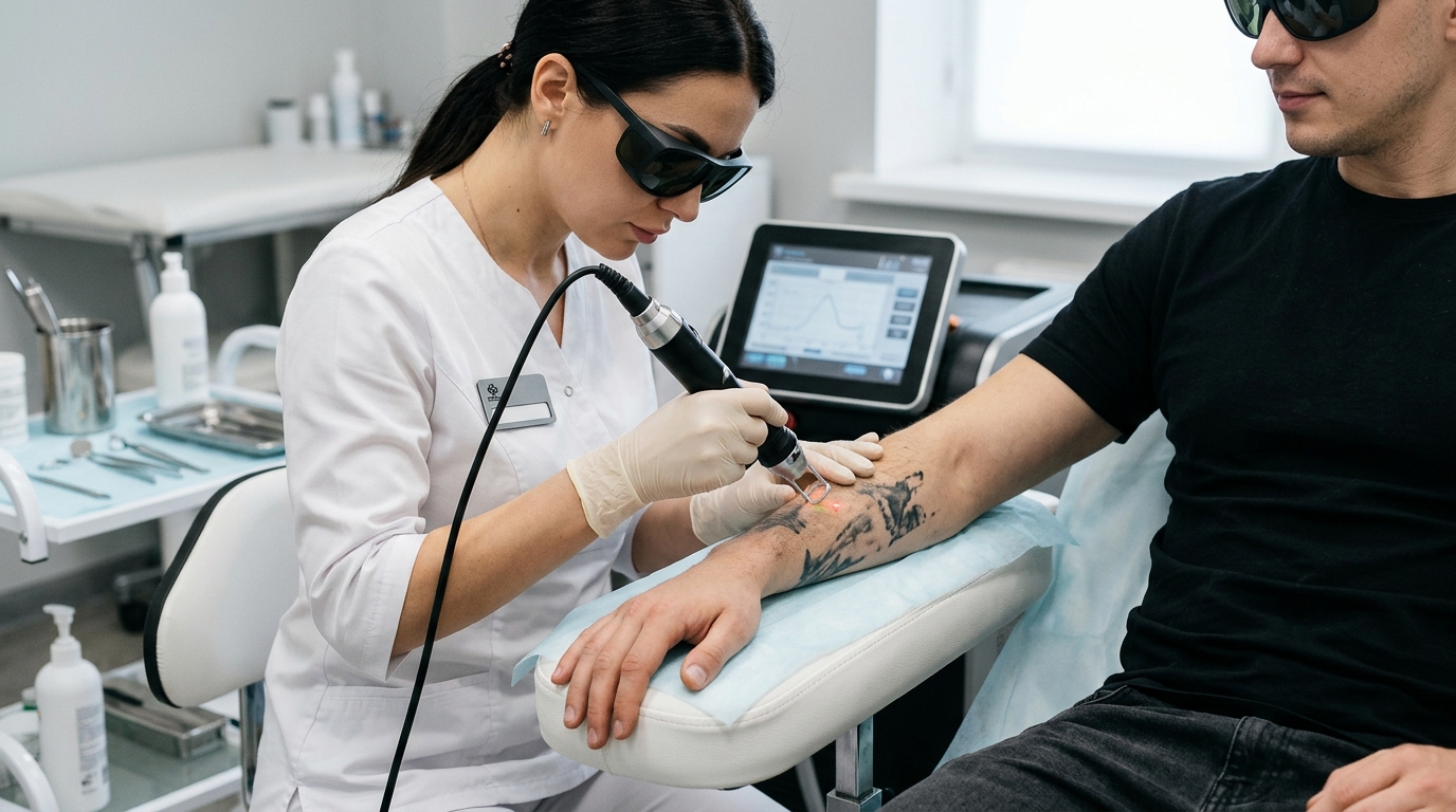 Сеанс лазерного удаления татуировки на предплечье в косметологической клинике