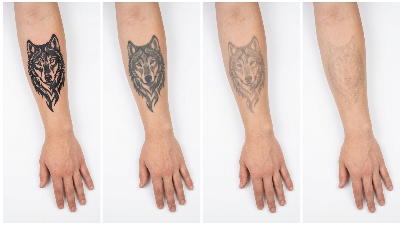 Постепенное осветление татуировки после 2, 4 и 6 сеансов лазера