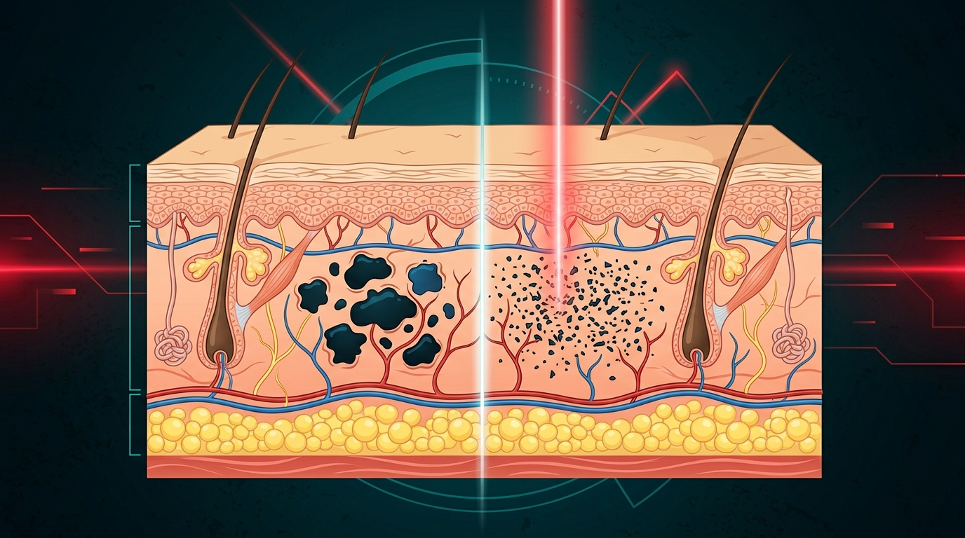 Как лазер разбивает пигмент татуировки в слоях кожи — схема