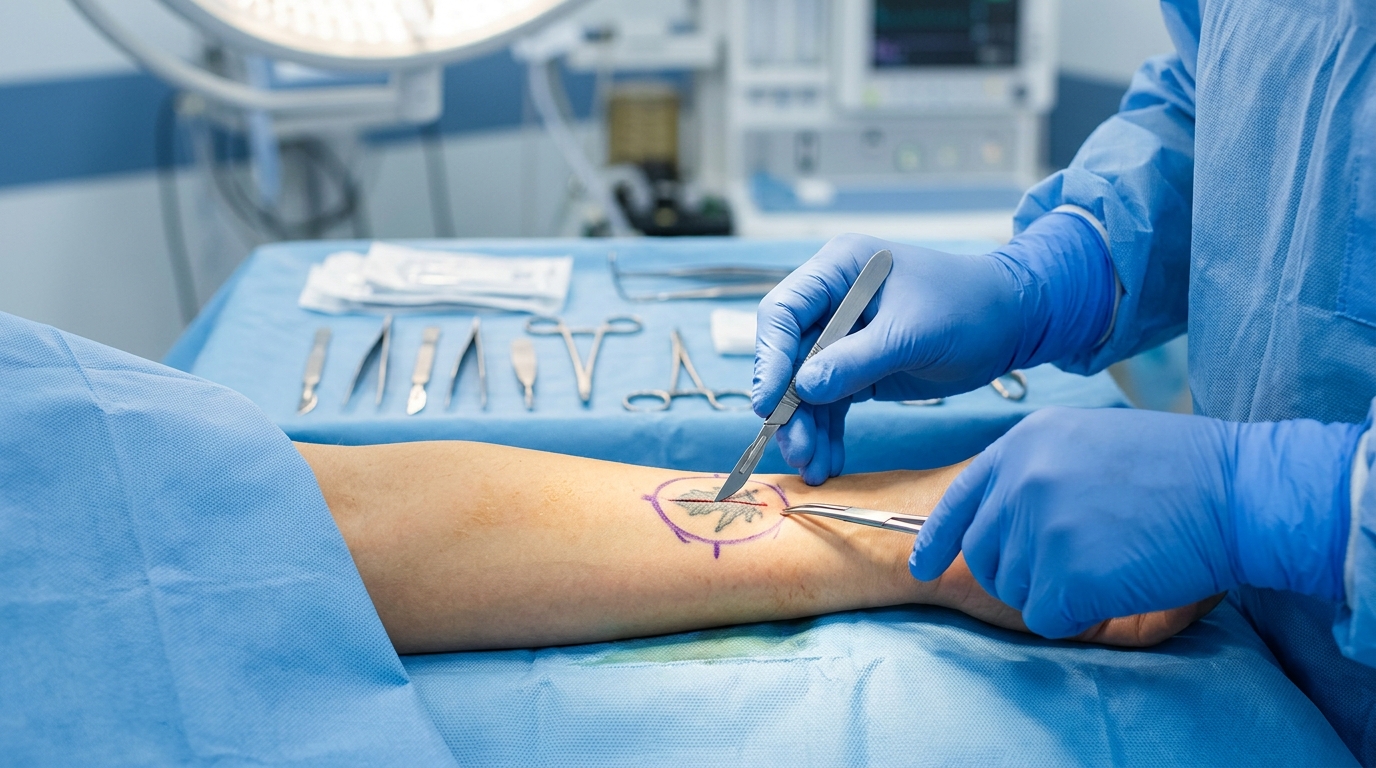 Хирургическое иссечение татуировки скальпелем в операционной