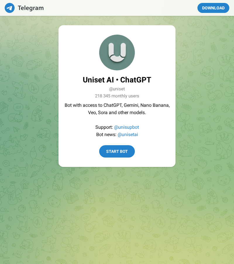 Профиль бота Uniset AI в Telegram