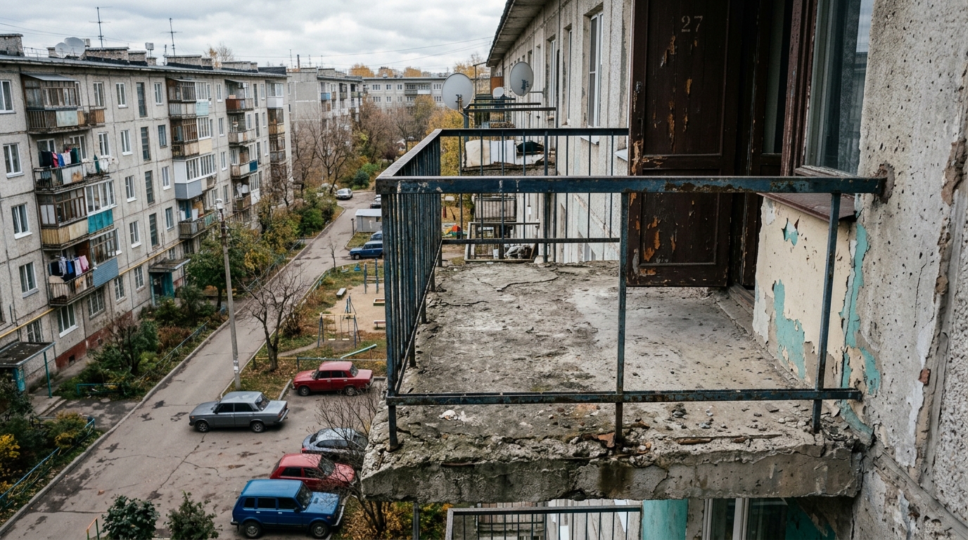 Балконная плита в панельном доме перед утеплением, видна арматура и следы ремонта