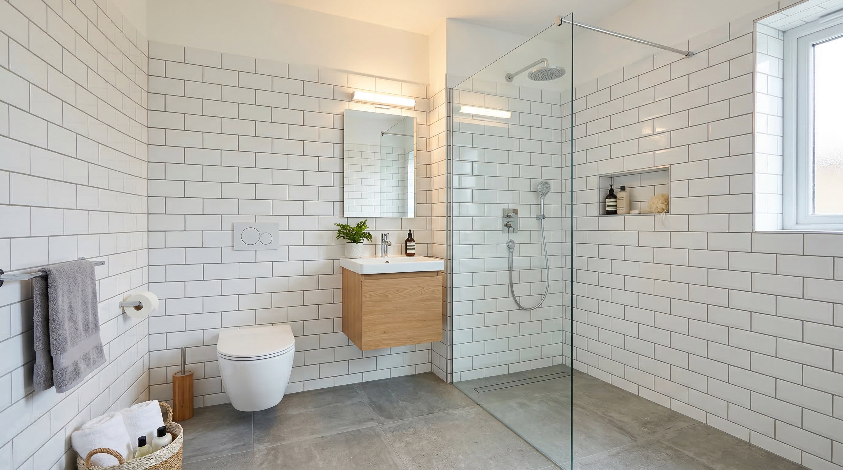 Совмещённый санузел с душевой зоной и подвесным унитазом