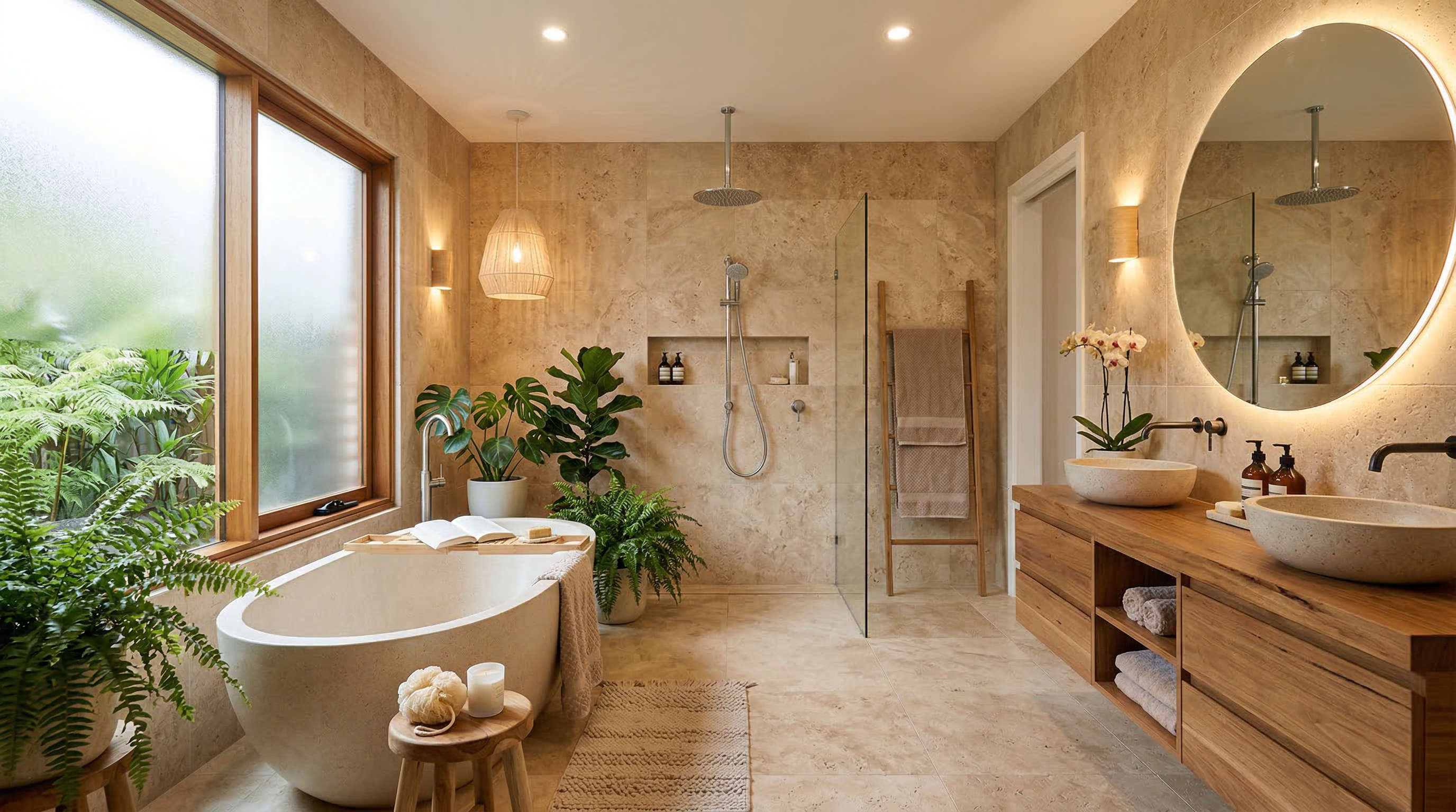 Ванная комната в стиле спа с отдельно стоящей ванной и натуральным камнем