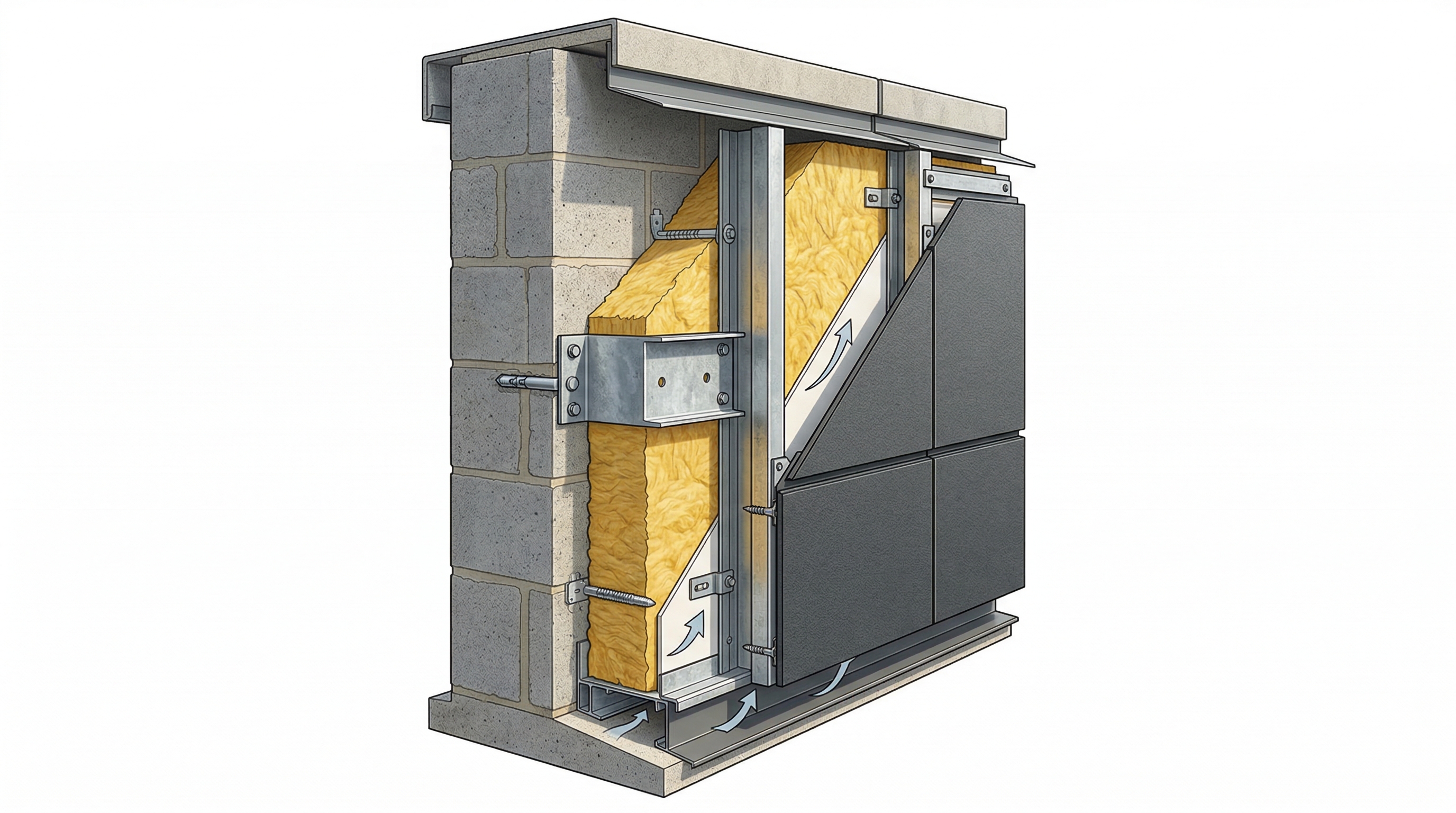 Схема навесного вентилируемого фасада — несущая стена, утеплитель, воздушный зазор, облицовка