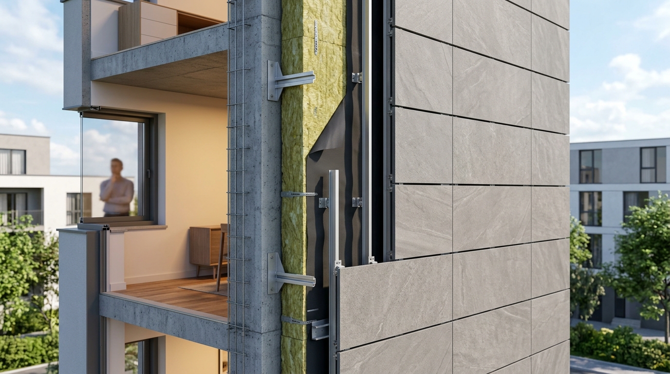 Навесной вентилируемый фасад — конструкция в разрезе с утеплителем и облицовочными панелями