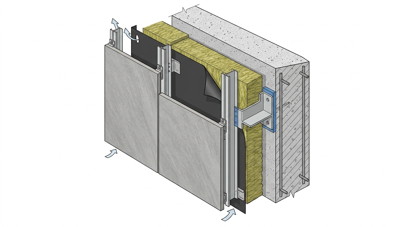 Конструкция навесного вентилируемого фасада в разрезе