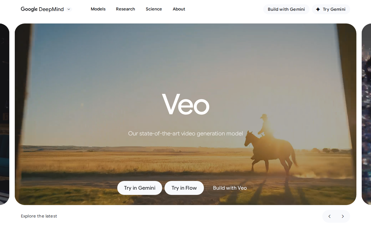 Скриншот официальной страницы Google DeepMind Veo — нейросеть для генерации видео