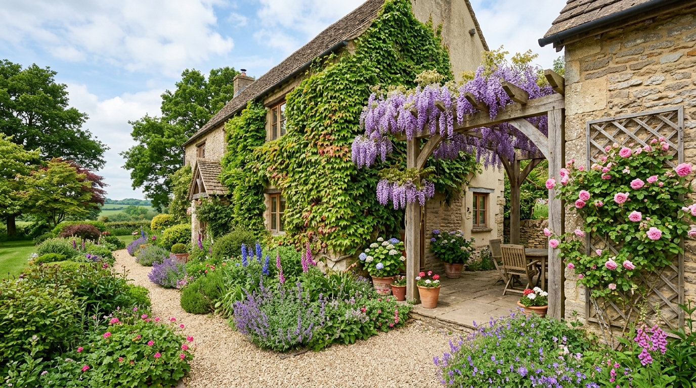 Вертикальное озеленение загородного дома: плющ на стенах, глициния на перголе, розы на шпалере