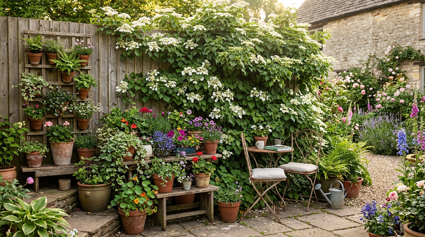 Уголок сада с вертикальным озеленением забора и контейнерными растениями