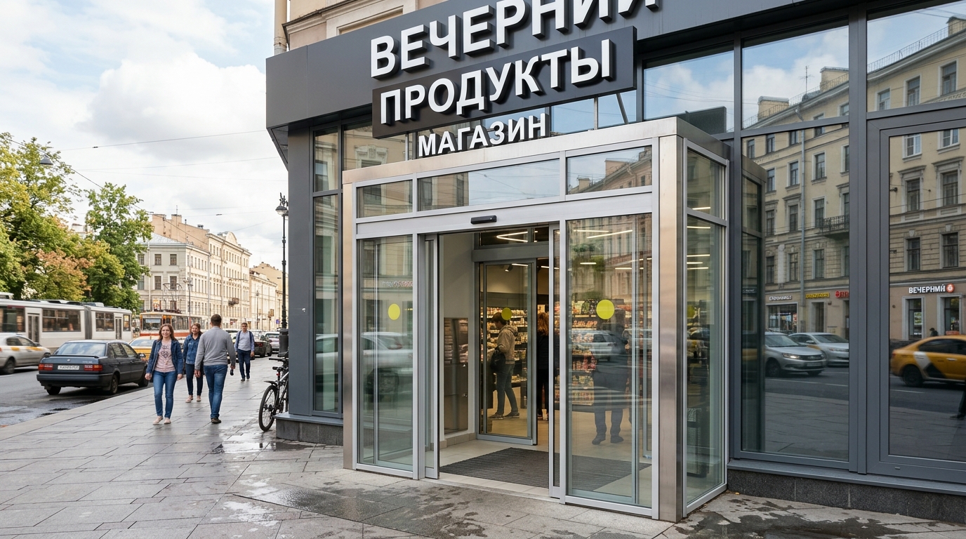 Автоматическая раздвижная стеклянная дверь и остеклённый тамбур магазина