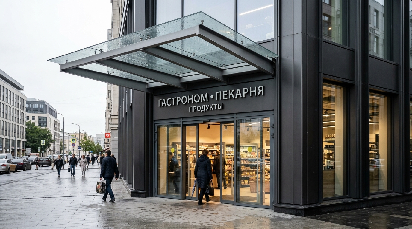 Современный металлический козырёк со стеклом над входом в магазин