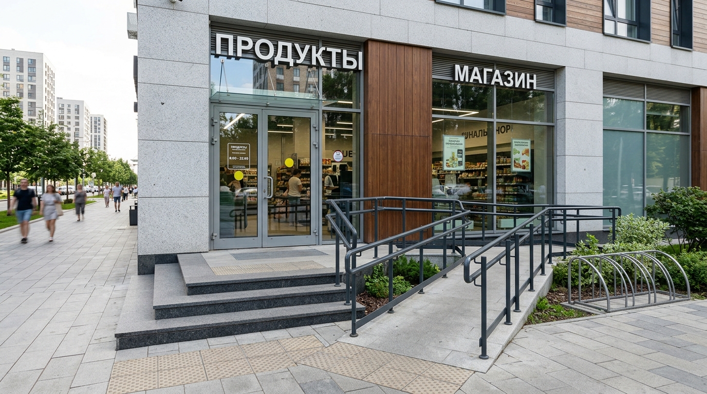 Низкие антискользящие ступени и пандус с поручнями у входа в магазин