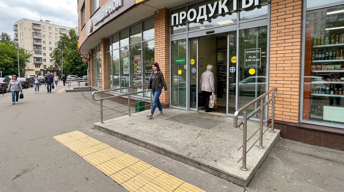 Доступный вход магазина: пологий пандус с поручнями, тактильная плитка, широкая автоматическая дверь
