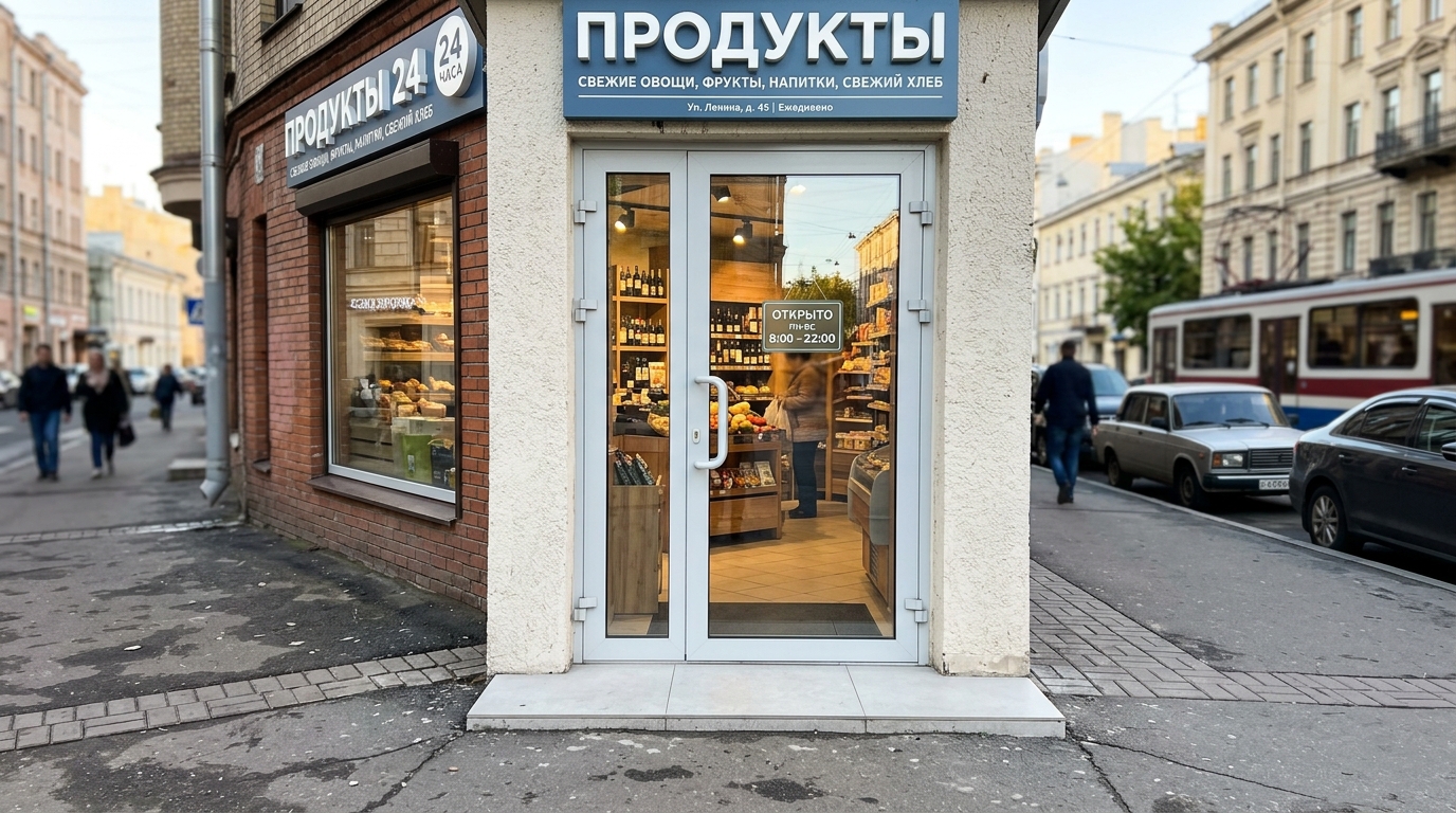 Лёгкая стеклянная распашная дверь магазина с понятной вертикальной ручкой