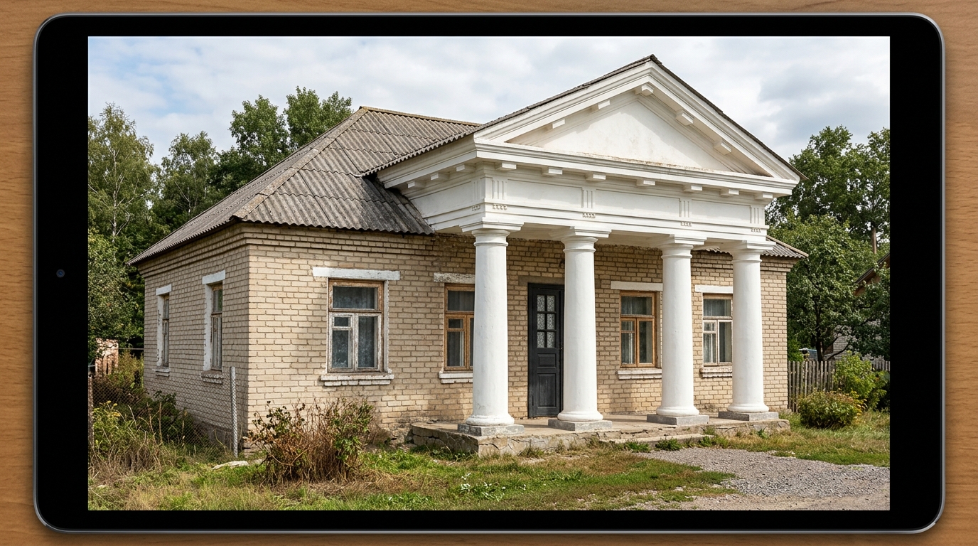 Классическая входная группа с колоннами не подходит простому кирпичному дому