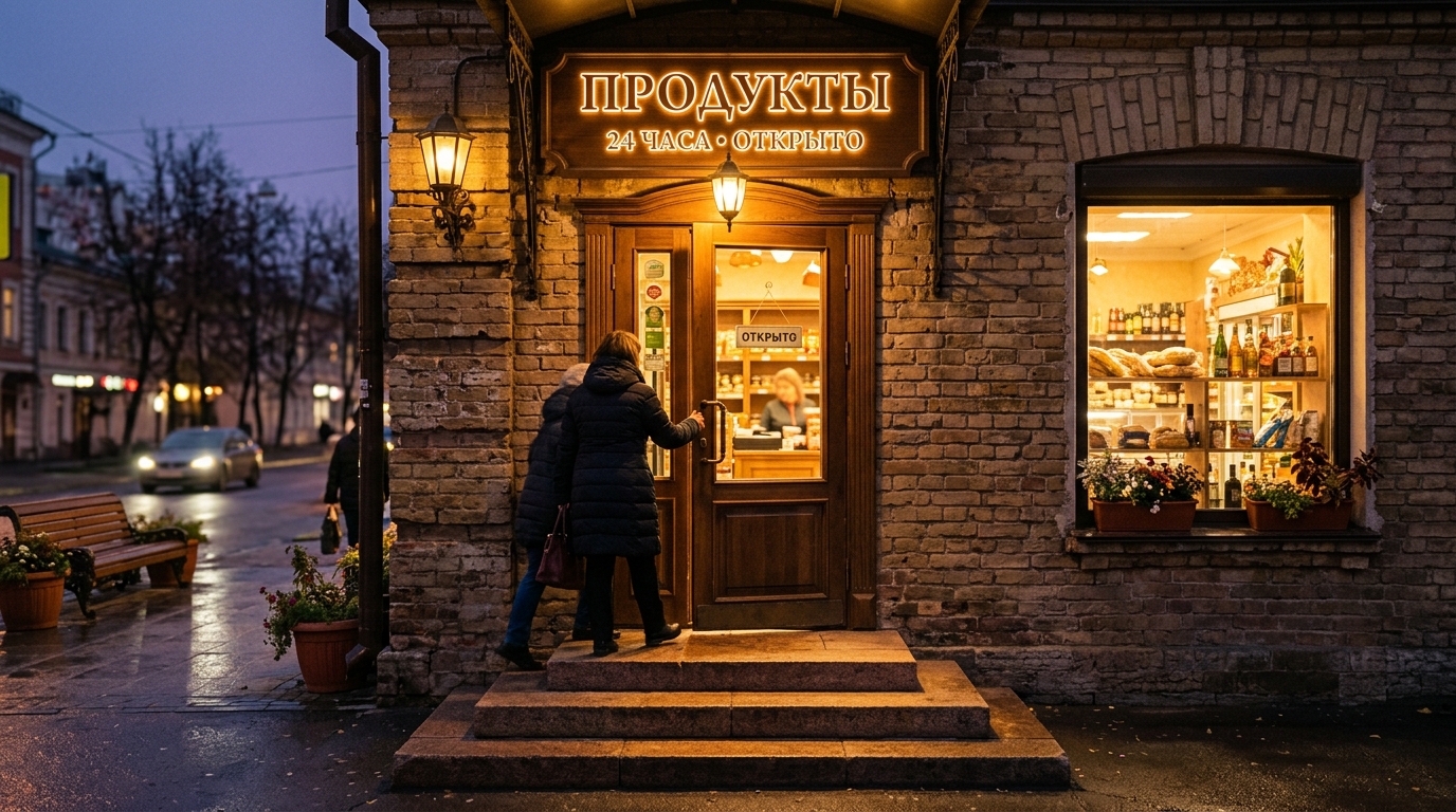 Вечерний вход магазина с тёплой приветливой подсветкой двери и ступеней