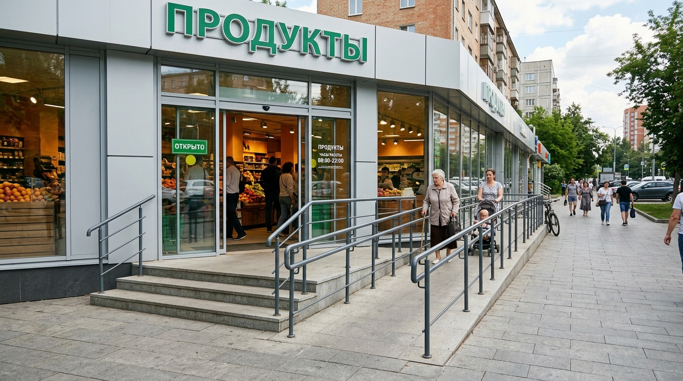 Доступный вход в магазин с пандусом, ступенями и поручнями