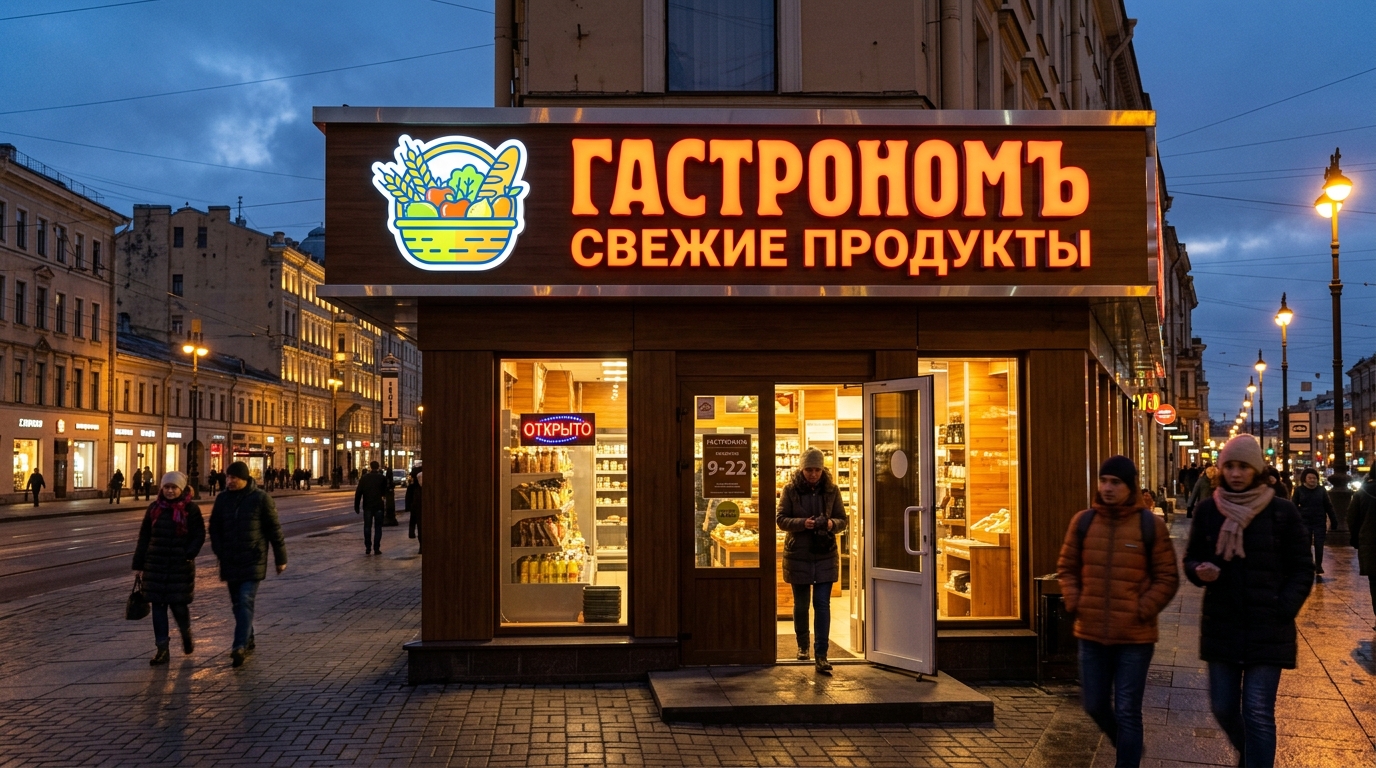 Яркая световая вывеска с объёмными буквами над входом в магазин
