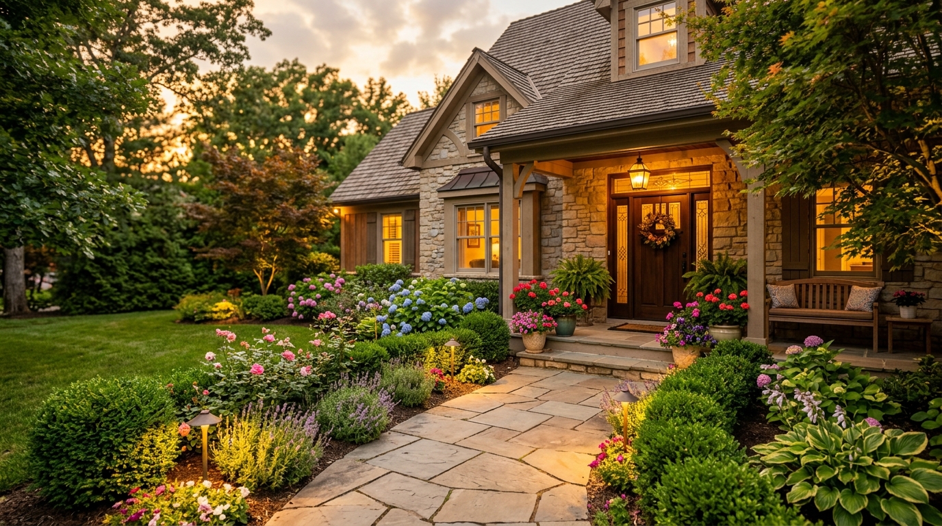 Входная зона частного дома с каменной дорожкой и декоративной подсветкой