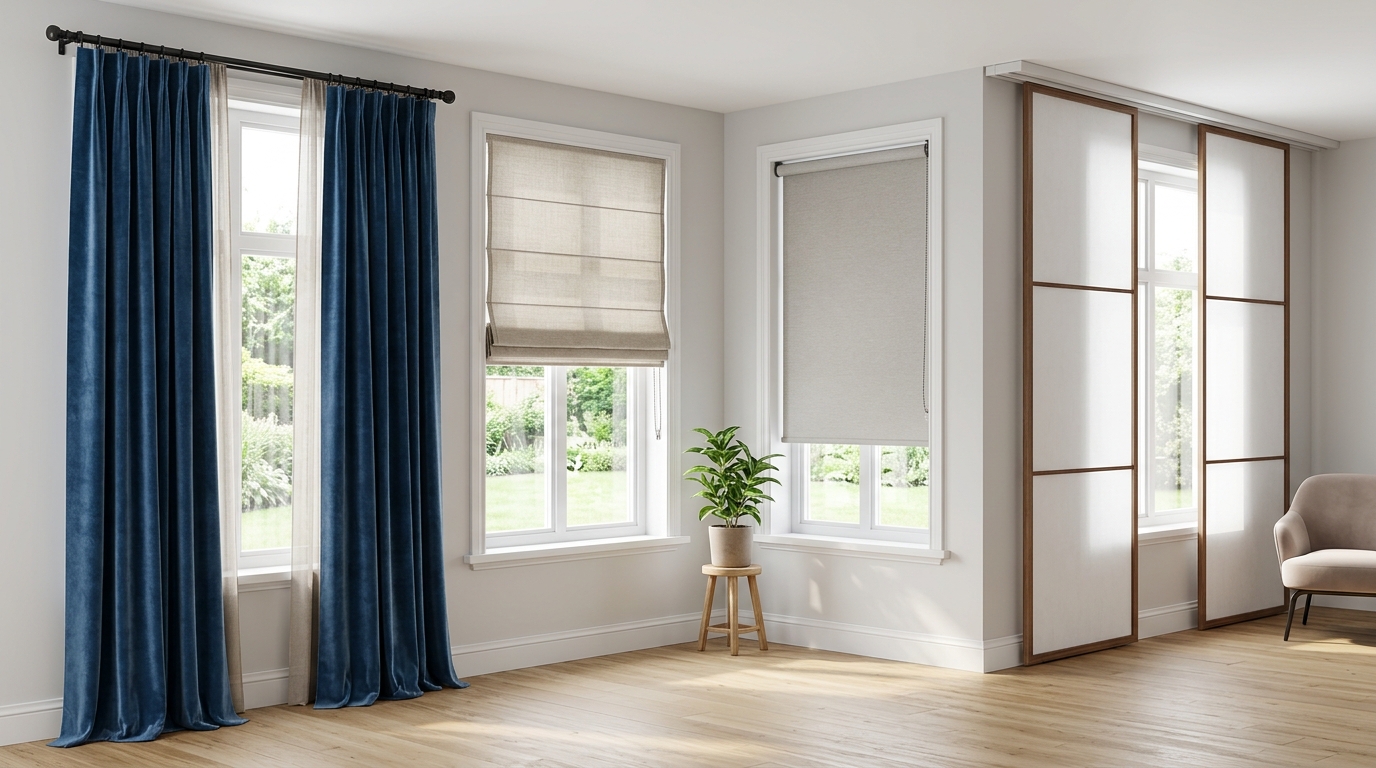 Четыре вида штор в одной комнате: классические портьеры, римская штора, рулонная штора и японские панели
