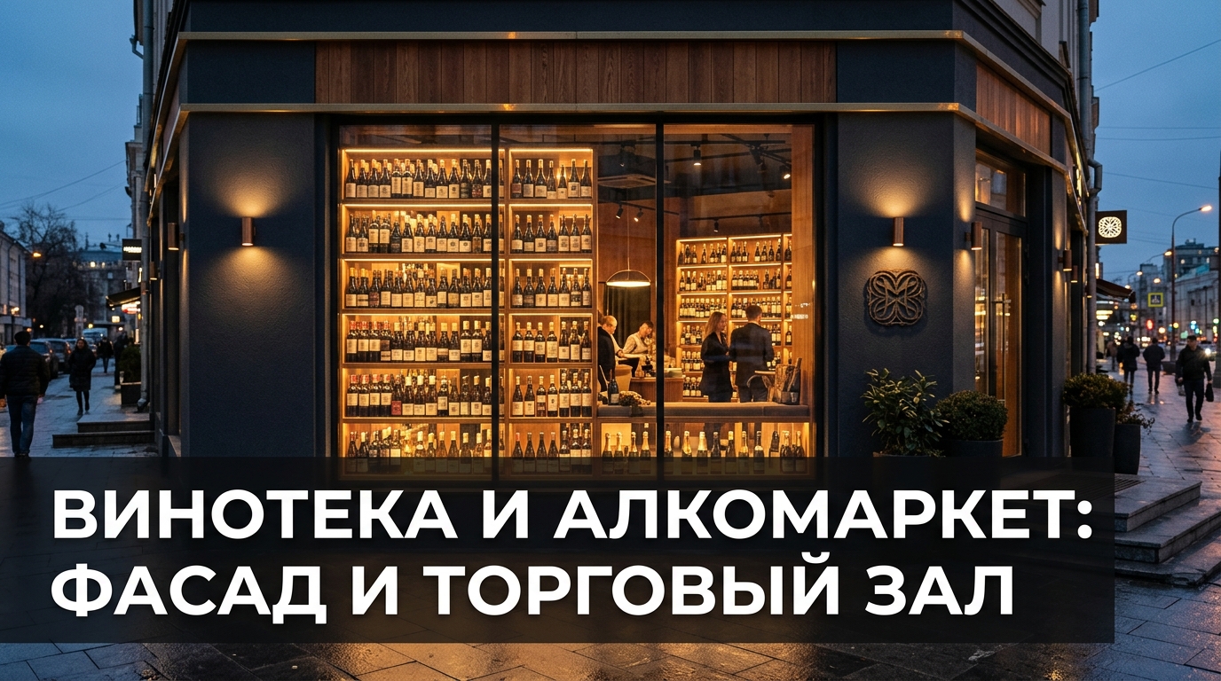 Винотека и алкомаркет: фасад и торговый зал