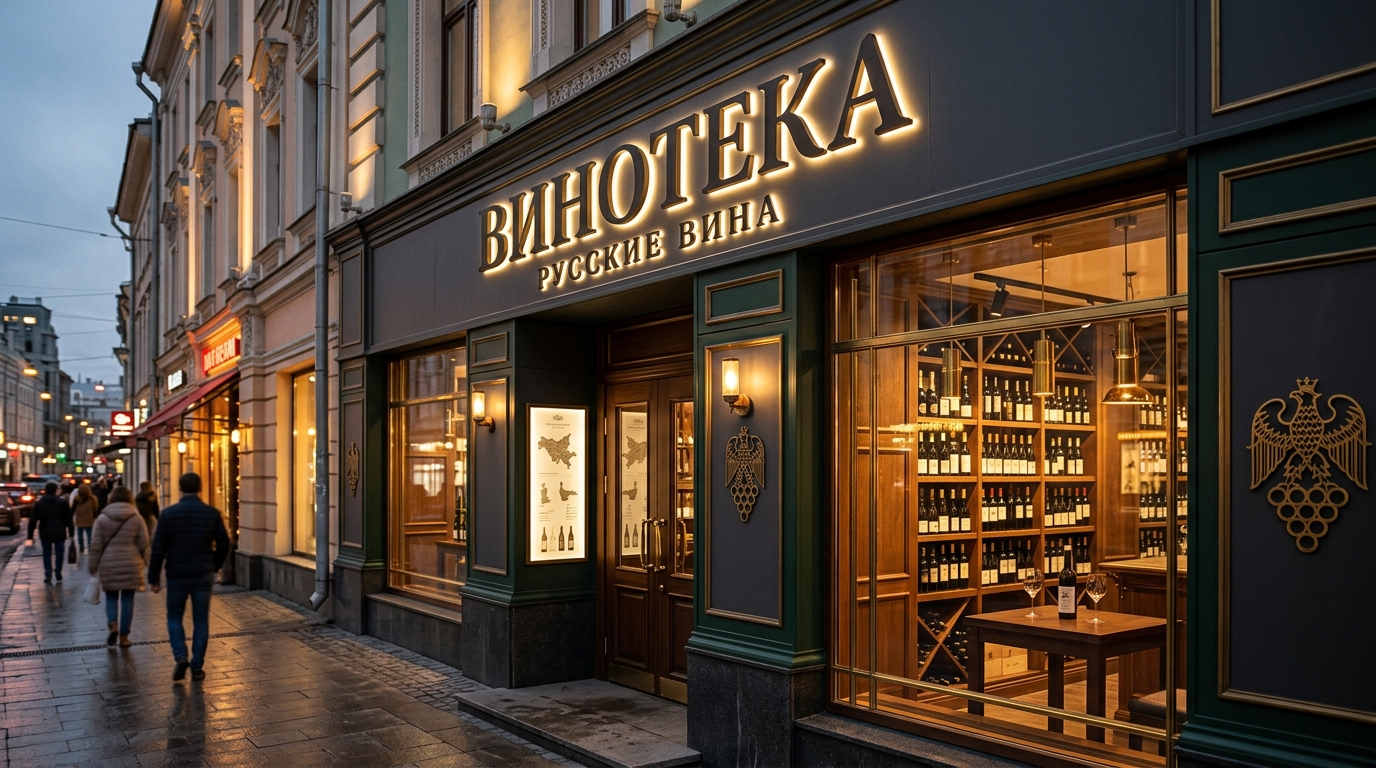 Фасад винотеки с тёмной вывеской и объёмными буквами вечером