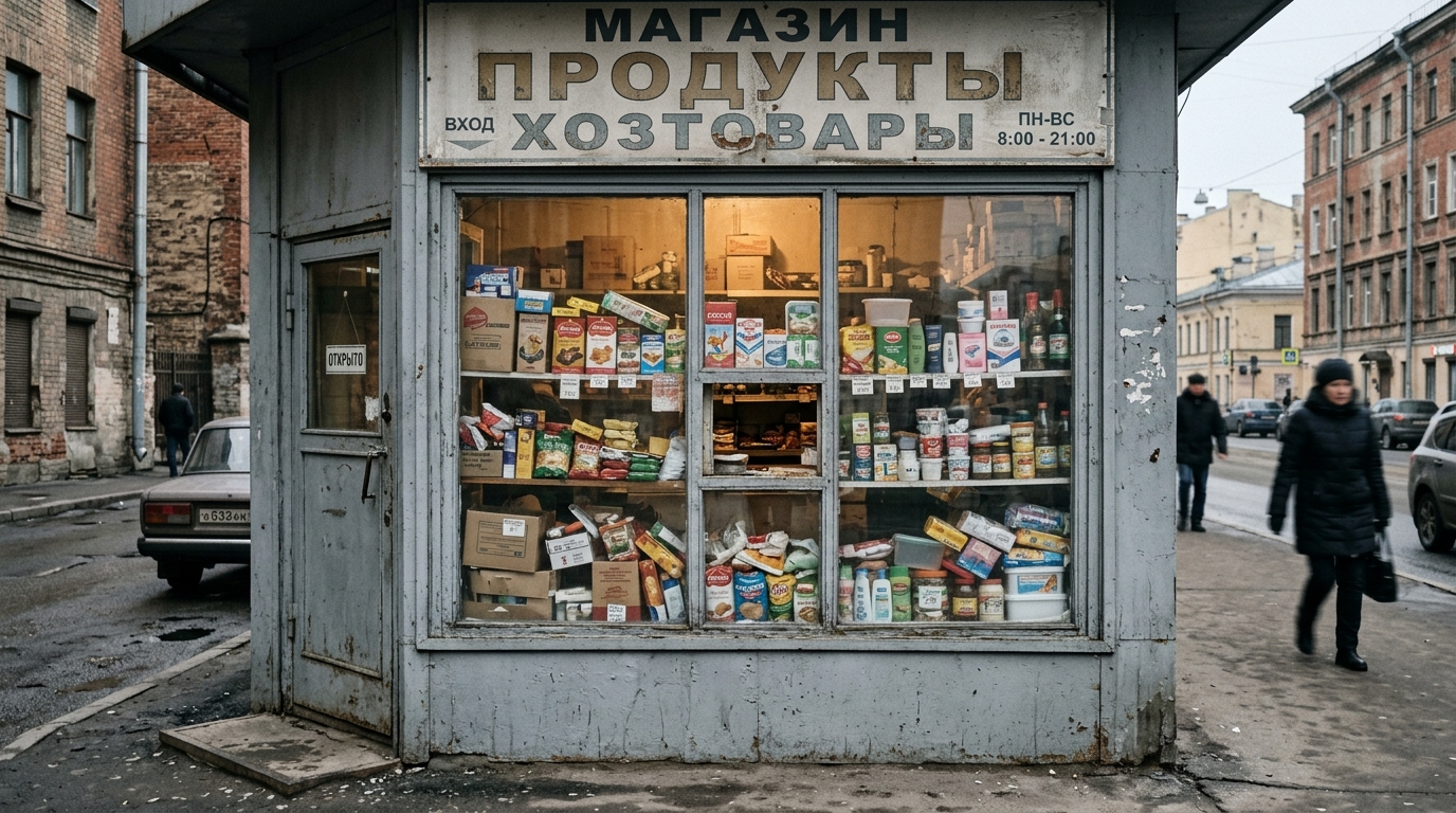 Серая захламлённая витрина магазина до переделки