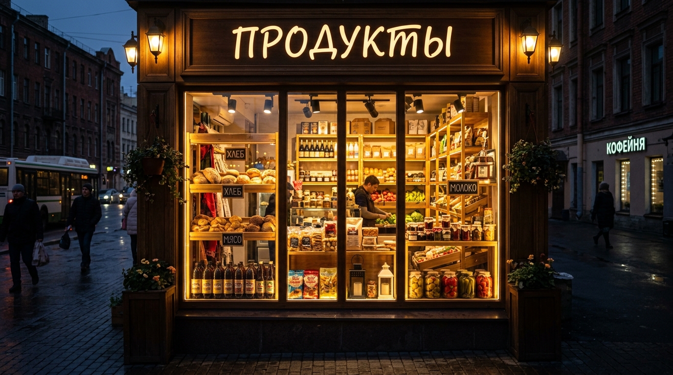 Витрина с акцентной подсветкой в сумерках